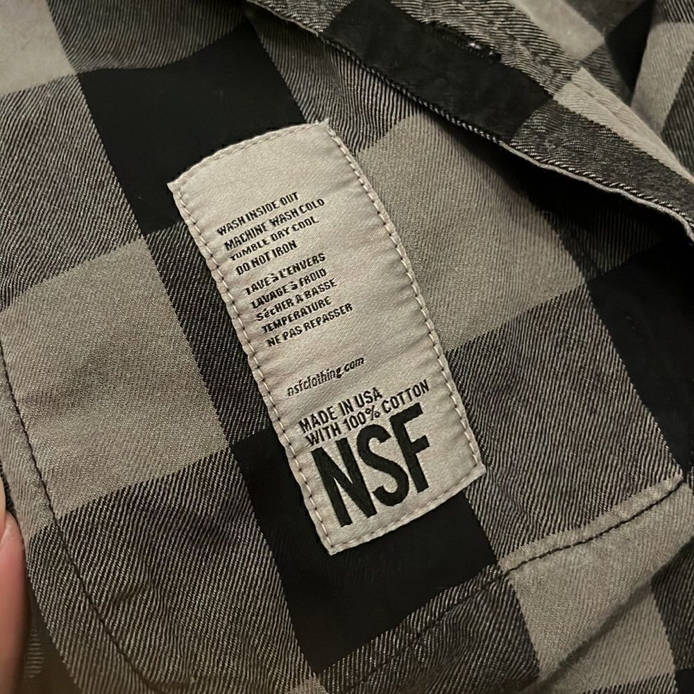 NSF Distressed Check Plaid Button Up Elongated Flannel Shirt - Picture 5 of 6